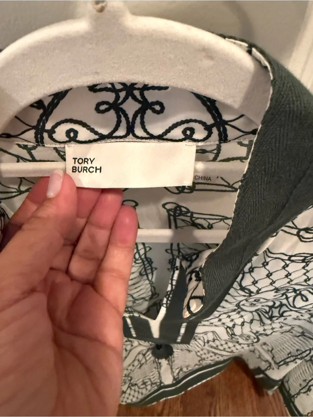 Tory Burch Green & White Printed Tunic with Tassel Tie